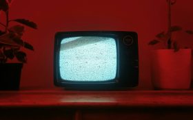 A photo of an old-school box television displaying noise. There are two pot plants on both sides of the tv, and the domestic scene is covered in a red tone.