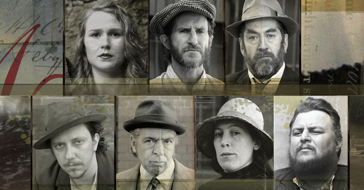 A sepia tone image of two women and five men. There are headshots of them: three on the top, four below.