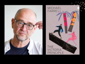 Two panels. On the left is portrait of a bald man with glasses. He is wearing a white shirt over a black t shirt. On the right is the cover of the book 'The Victoria Principle.' It features cut out shapes of two colourful trees and a two figures walking on a diagonal board.