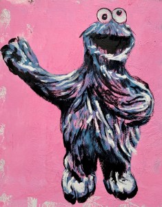 A painting in bold colours by David Bromley, featuring classic Sesame Street character Cookie Monster. The monster is featured in a full body pose against a pink background.
