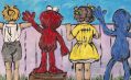 Familiar Sesame Street characters are peering over a pink fence. The artist David Bromley has positioned the viewer behind the characters. From left to right we see a young boy, Elmo, a young girl and Grover.