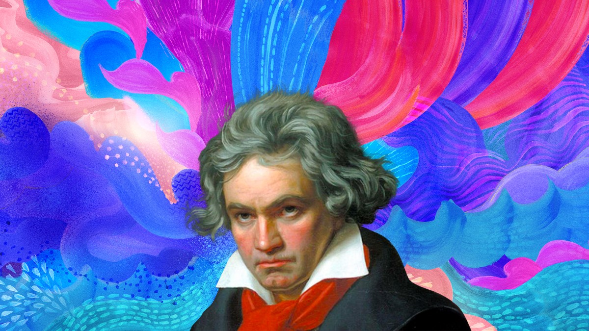 A portrait of Beethoven set against an abstract backbround of vibrant colours.