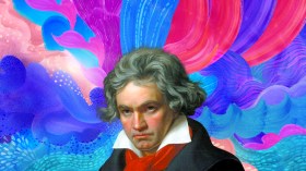 A portrait of Beethoven set against an abstract backbround of vibrant colours.