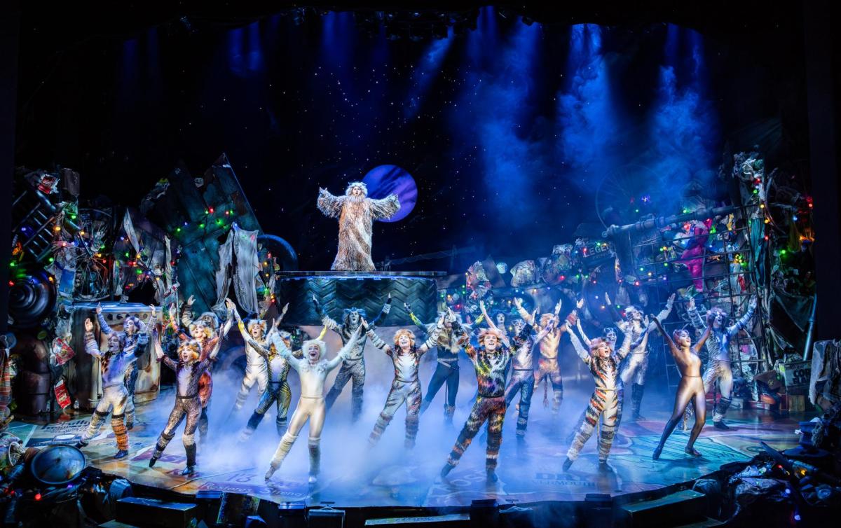 A large cast dressed as cats dancing on stage.