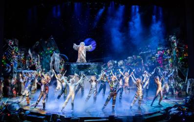 A large cast dressed as cats dancing on stage.