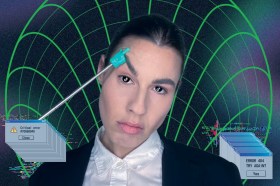 An androgynous figure, their head tilted to the left, raises one sardonic eyebrow with the help of a plastic hand pointer on a metal stick. Digitally drawn green lines swirl behind them. The image also features two small sets of cascading tiles bearing the text '404 error message. Try again?'.