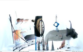 A image of different shapes and blurry movement where one can barely make out the silhouettes of three people against a bright white background.