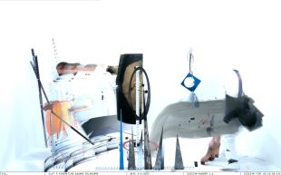 A image of different shapes and blurry movement where one can barely make out the silhouettes of three people against a bright white background.