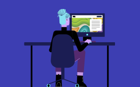 A digital illustration of a figure with aqua hair styled in a bun sitting at a desk looking at a desktop computer.