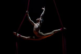 A male acrobat performs the splits, his body held aloft by aerial straps, in a scene from 'La Clique' at Adelaide Cabaret Festival.