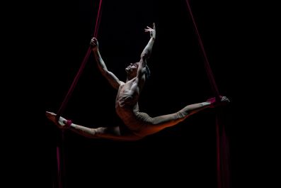 A male acrobat performs the splits, his body held aloft by aerial straps, in a scene from 'La Clique' at Adelaide Cabaret Festival.