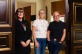 Three people standing for portrait. Mordant major gift