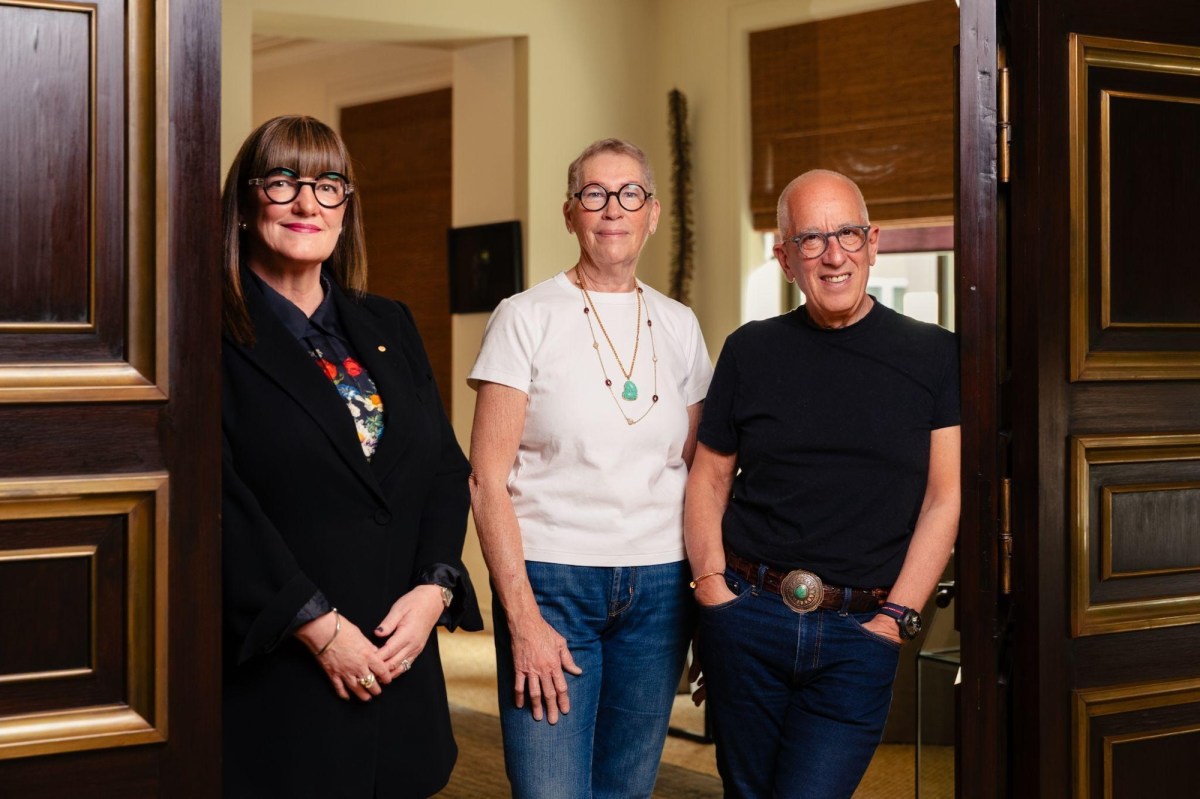 Three people standing for portrait. Mordant major gift