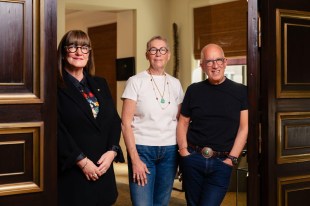 Three people standing for portrait. Mordant major gift