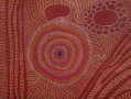 Aboriginal artwork that's earthy red with dots and swirls.