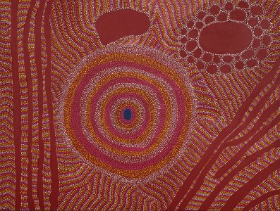 Aboriginal artwork that's earthy red with dots and swirls.