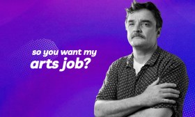 Against a purple backdrop, a man with dark hair and a moustache. 'So you want my arts job' is printed in white.