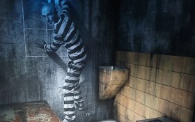 A figure in prison black and white stripes trying to escape.