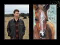Two panels. On the left is a young man standing in a field with livestock in the distance. On the right is the cover of a book, "The Foal in the Wire', which features a painting of a head of a brown horse.