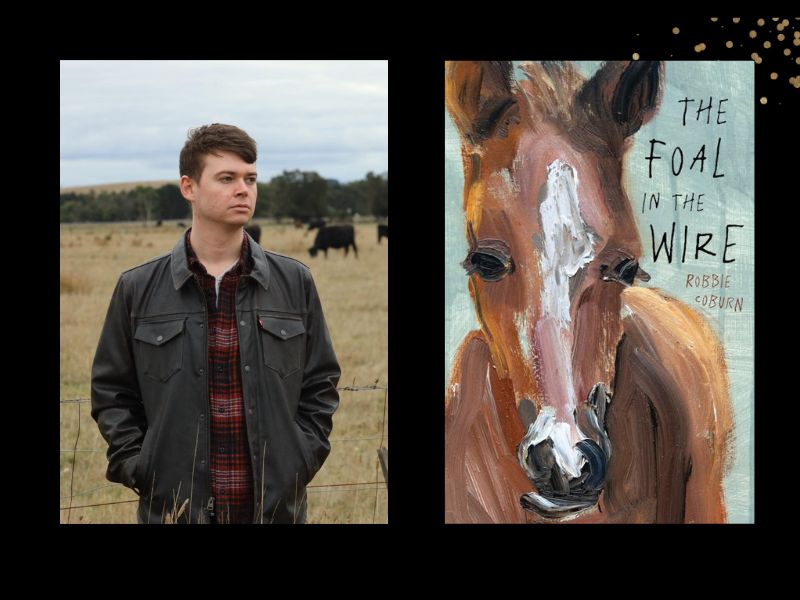 Two panels. On the left is a young man standing in a field with livestock in the distance. On the right is the cover of a book, "The Foal in the Wire', which features a painting of a head of a brown horse.
