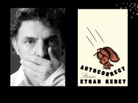 Two panels. On left is a black and white photo of a man with his hand across his mouth. On the right is the cover of a book, 'Autocorrect' which features an illustration of a falling squirrel.
