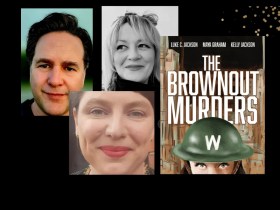 Four panels. Two of them are colour photos of a man and a woman, the third is of a woman in black and white. Fourth panel is cover of a book, 'The Brownout Murders' which features a woman wearing a green stack hat.