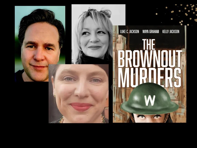 Four panels. Two of them are colour photos of a man and a woman, the third is of a woman in black and white. Fourth panel is cover of a book, 'The Brownout Murders' which features a woman wearing a green stack hat.