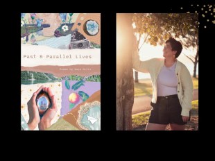 Two panels. On left is cove of a book, 'Past & Parallel lives". On right is photo of person with short, dark hair, wearing white t-shirt, black shorts and yellow cardigan. They are leaning against a tree.