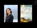 Two panels. On the left is a woman with light brown shoulder-length hair in a black top. On the right is the cover of a book, 'A beautifiul family', which has a coastal sea setting.
