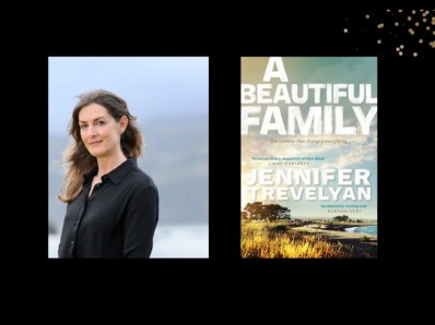Two panels. On the left is a woman with light brown shoulder-length hair in a black top. On the right is the cover of a book, 'A beautifiul family', which has a coastal sea setting.