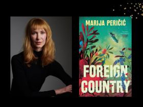 Two panels. On the left is a woman in black with blonde hair. On the right is cover of a book 'Foreign Country' which shows a flora illustration and a small upside car mid-air.