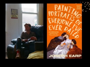 Two panels. On the left is of a young man on a lounge chair. On the right is the cover of a book, 'Painting portraits of everyone I've ever date.' It is orange and features a woman in white on a chair with two women in brown attending to her.