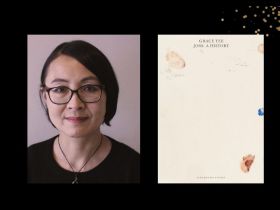 Two panels. On the left is an Asian woman with short hair and glasses wearing a black top. On the right is the cover of a book, 'Joss: A History." It's cream with some faint fingerprints on the ediges.