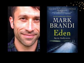 Two panels. On the left is close up of a man with dark hair, smiling. On the right is the cover of a book, 'Eden'. It features a lit-up pathway in the dark.