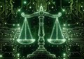Green AI generated scales of justice with electrical coding pathways in the background
