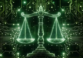 Green AI generated scales of justice with electrical coding pathways in the background