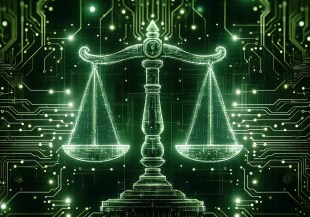 Green AI generated scales of justice with electrical coding pathways in the background