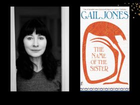 Two panels. On left is black and white photo of a woman with long dark hair. On the right is cover of a book, 'In the Name of the Sister" with an illustration of an orange ibis.