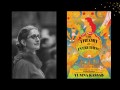 Two panels. On the left is a black and white photo of a woman who is looking to the right hand side. She has her hair in a bun and wears glasses. On the right panel is the cover of a book, 'The Theory of Everything.' it's yellow with swirls of other colours and patterns and a figure of a red headed woman in the centre.