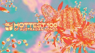 triple j's logo and title 'hottest 100 Ausralian songs' set against a botanical background with a fluro filter.