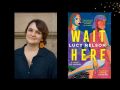 Two panels. On left is a young woman with brown hair and black top. On the right is cover of a book, 'Wait for me'. It features a colourful illustration of two women.