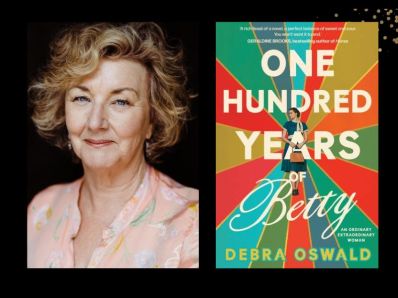 Two panels. On the left is a woman with curly blonde hair, wearing a pale peach top. On the right is the cover of a book, 'One Hundred years of Betty', which ihas a woman in the centre, with radiating spokes of colours in shades of blue, tan, orange.