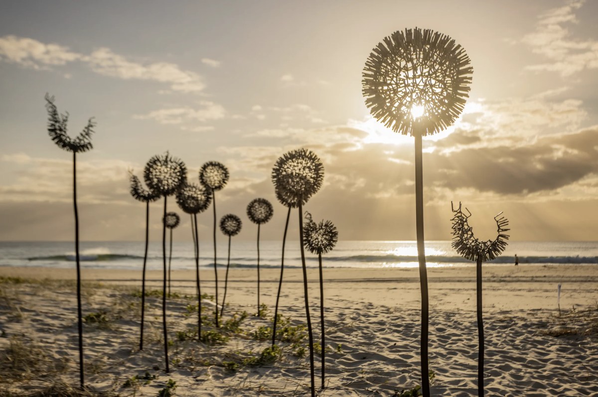 Dawn view of beach with a group of sculptures that look like flowers. SWELL Sculpture Festival