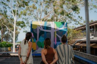 Three women with their backs to the camera admire a colourful mural, an emample of work supported by Regional Arts Development Orgsnisations in NSW.