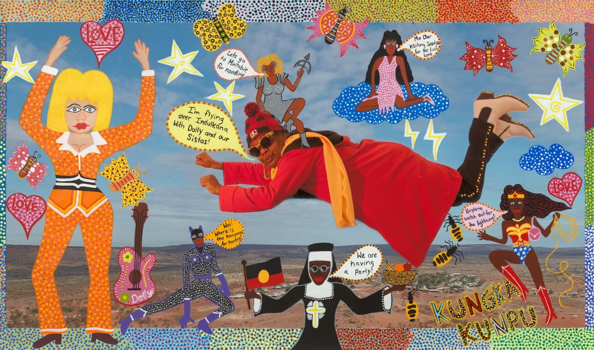 Artwork in cartoon style of First Nations artist flying as super hero. Kaylene Whiskey