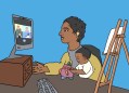 drawing of a woman at desk with a small child working on computer with easel nearby. Parenting in the arts.