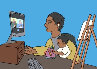 drawing of a woman at desk with a small child working on computer with easel nearby. Parenting in the arts.