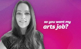 A woman with long brown hair against a pink background and the words 'so you want my arts job'