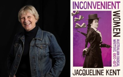 two panels: on the left against a black background, a middle aged woman with short blonde hair, black turtleneck and denim jacket smiles at the camera. She has her hand in her pocket. on the right a picture of Stella Miles Franklin on a purple background and the title INCONVENIENT WOMEN by Jacqueline Kent
