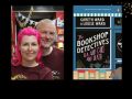 Two panels: One the left is a woman with pink hair and a man with grey hair. On the left is the cover of their book 'The Bookshop Detectives: Tea and Cake and Death.'